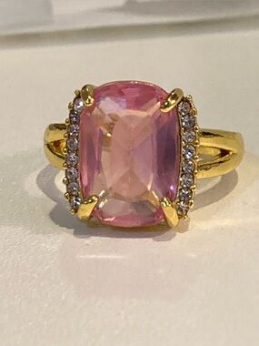 Gold-Plated Pink Cushion Crystal Ring with Pavé Accents